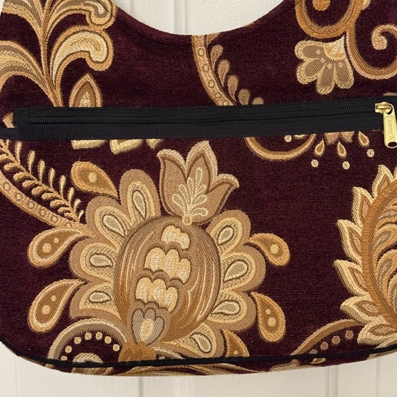 Danny K Beverly Hills Burgundy and Tan Brown Tapestry Floral Handbag - Picture 3 of 15